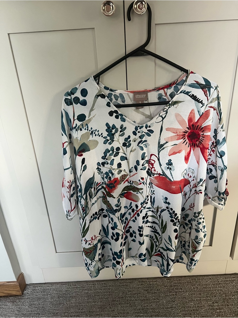 Chico's White Tunic with Coral Floral & Teal Foliage